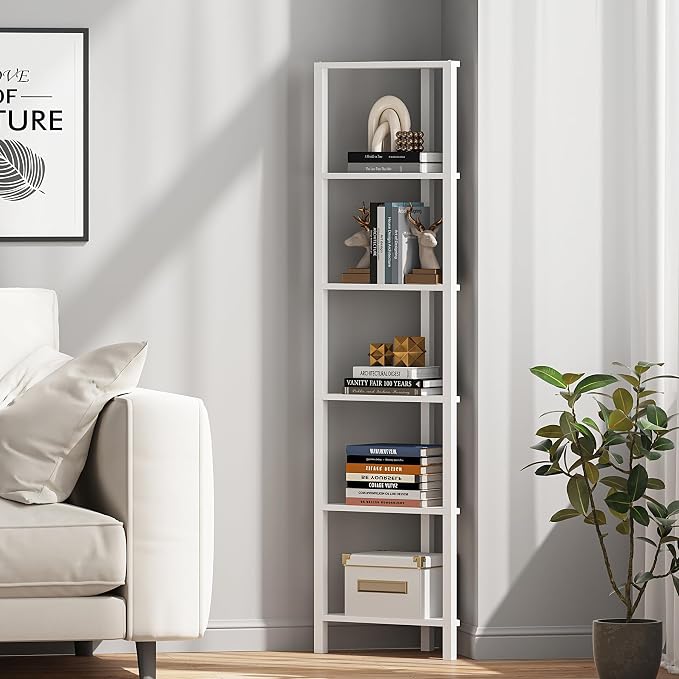 TUTOTAK 6-Tier Corner Bookshelf,Corner Shelf for Small Space, Narrow Display Corner Shelf Stand with Storage Rack, for Living Room, Bedroom, White BS05BW006