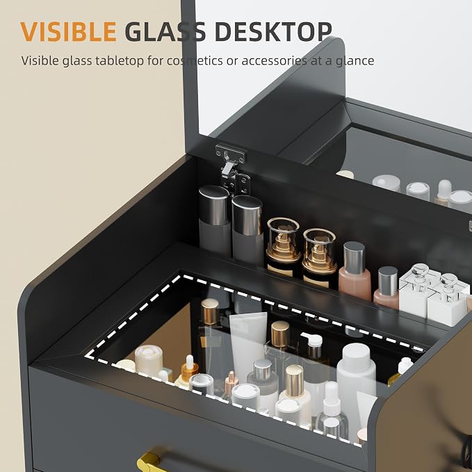 Gurexl 3 in 1 Vanity Desk with Flip Top Mirror,Small Compact Vanity with Visible Glass Desktop,Makeup Vanity Set with 3 Drawers,Cushioned Stool,Dressing Table for Bedroom,Black