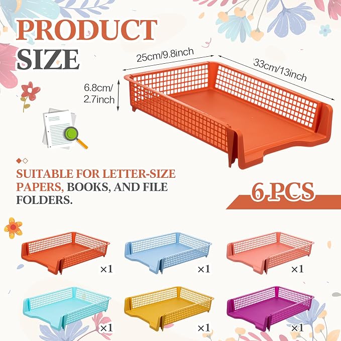 Geetery Set of 6 Plastic Trays for Teachers Turn in Trays Classroom Stackable Paper Tray Plastic Classroom Teachers Desk Letter Organizer Storage Baskets for Office, Desk, Home (Wildflower Color)