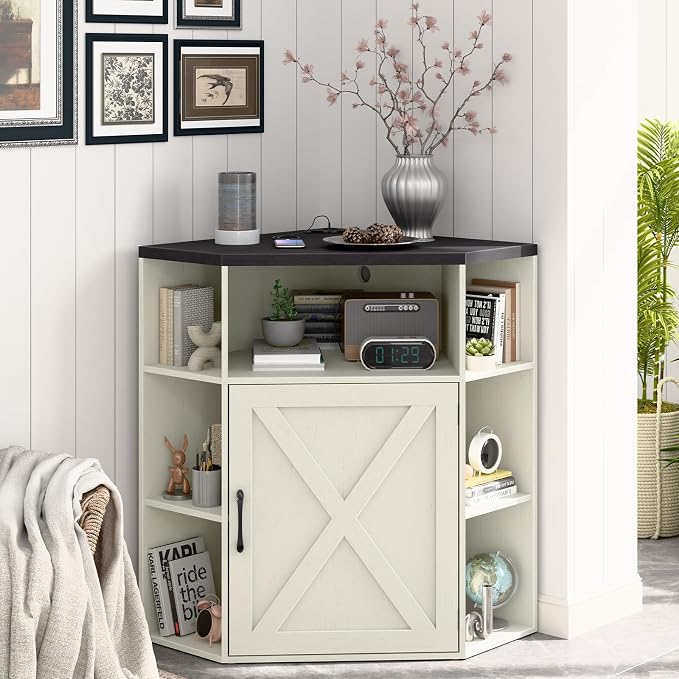 Halitaa Corner Storage Cabinet, Farmhouse Corner Bookshelf with Storage 6-Cubby Wooden Cabinet with USB Ports and Outlets Industrial Organizer for Small Space, Study, Playroom, Rustic White and Black
