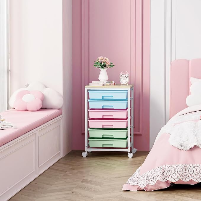 SYKIARIOL Rolling Cart with Drawers,Utility Cart with 6 Drawers,Rolling Storage Cart with Drawers and Wooden Tabletop & Lockable Wheel,Colorful