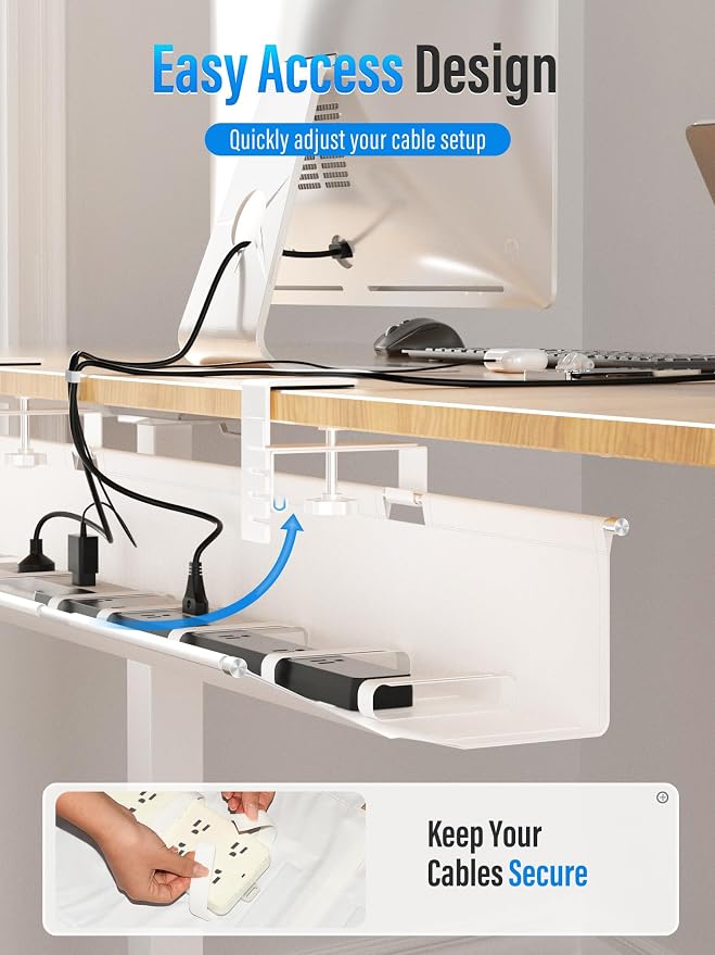 [Upgraded] Large Under Desk Cable Management Tray, Cinati Cable Management Under Desk No Drill, 28.4" Fabric Cord Hider for Wire Organizer, Cord Organizer for Office, Home - Supports Up to 30lbs White