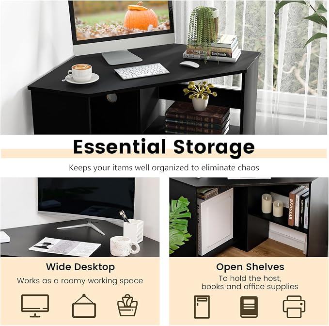 LDAILY Corner Desk with Storage Shelves & Cable Holes - Space-Saving Computer Table for Small Spaces, Home Office, Living Room, Bedroom (Black)