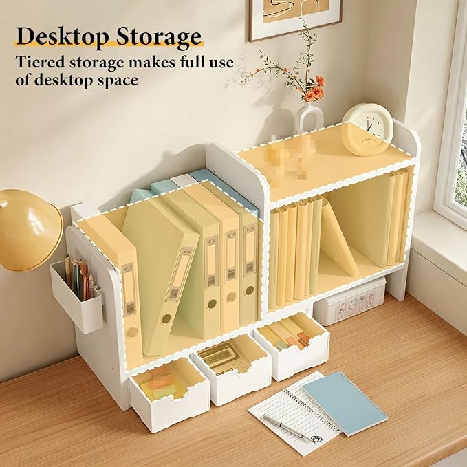 Expandable Desk Hutch Organizer, Desk Storage Rack with Drawers, Corner Desktop Bookshelf Holder for Home Office Workspace Organization