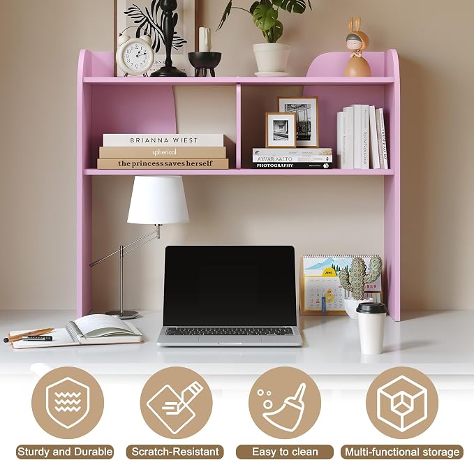 Wooden Desktop Bookshelf 37", 3-Tier Rounded-Edge Desk Storage Organizer, Space-Saving Countertop Shelf for Office Dorm Home, Pink