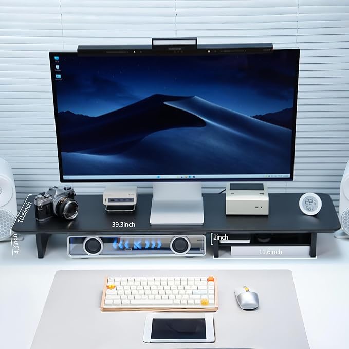 Bamboo Dual Monitor Stand Riser Black, 2-Tier Desk Monitor Riser for 2 Monitors, Supports for PC Computer Monitor, Printer, Heavy TV Riser up to 300 lbs
