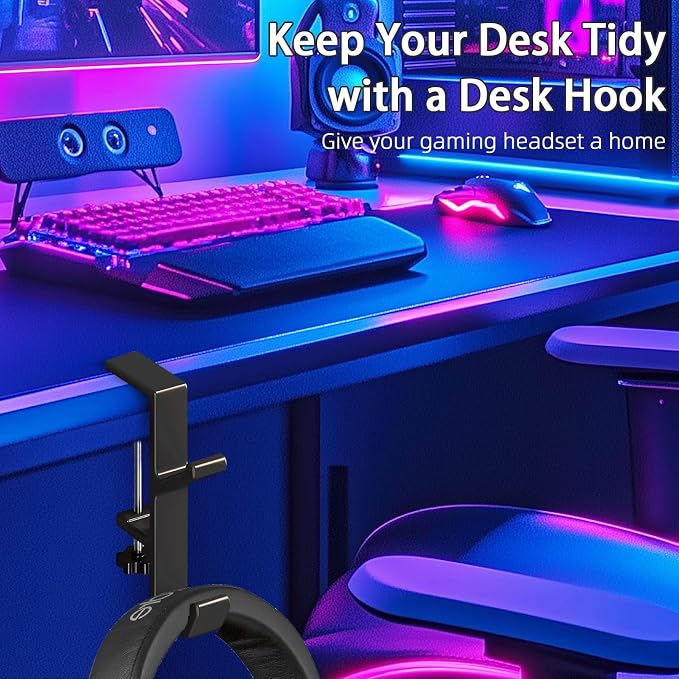 Desk Mount Bag Holder Hook Clamp,On Backpack Hanger Portable Desk Mount Headphones Holder for Reduce Desk Clutter Table Desk Table Hanging Storage(2 Pcs-Double Hook Black)