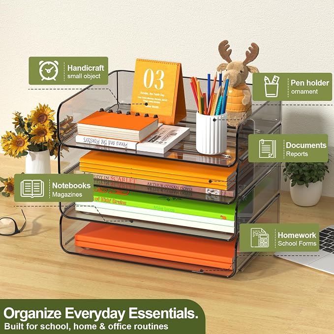 FANXIYQ 4-Tier Acrylic Paper Tray Organizer, Brown Stackable Desk File Organizer for Documents, Mail, Homework & Notebooks, Letter Tray Storage for Home Office, Classroom & Study Desk
