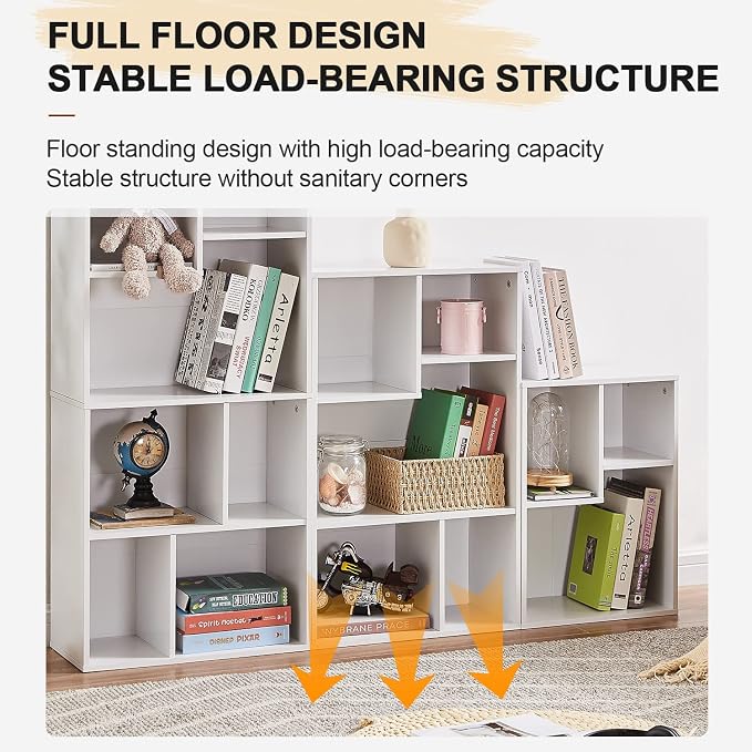 VECELO 11.8" Open Bookshelf, Waterproof Particle Board Asymmetrical Split Cubby Storage Organizer, White Uneven Compartment Display Cube for Tall Books, Bedroom Dorm Office