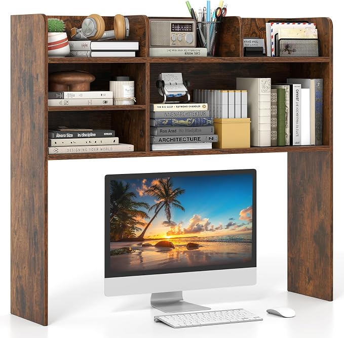 Giantex Desktop Bookshelf, 37" Desk Hutch Dorm for Computer Up to 32 Inch, Countertop Hutch w/6 Storage Shelves, 3-Tier Desktop Organizer Display Rack, Wood Desk Shelf for Home Office (Rustic Brown)