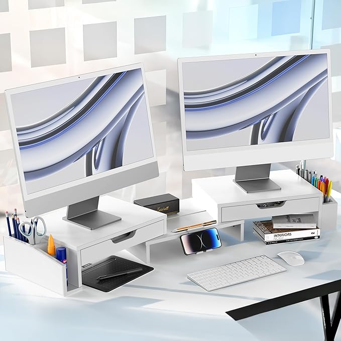 Simple Houseware Desk Dual Monitor Stand Riser with Pull-Out Drawers, White