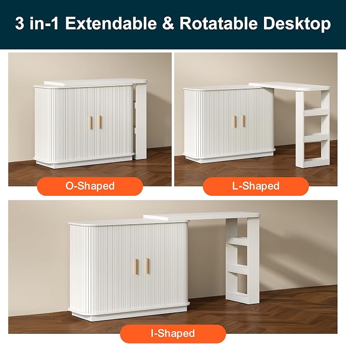 RoyalCraft 68” Extendable Makeup Vanity Desk, Modern L-Shaped Corner Vanity Desk with Silding Door, White Fluted Makeup Table with Curved Desktop and Adjustable Shelf, Wood Dressing Table for Bedroom