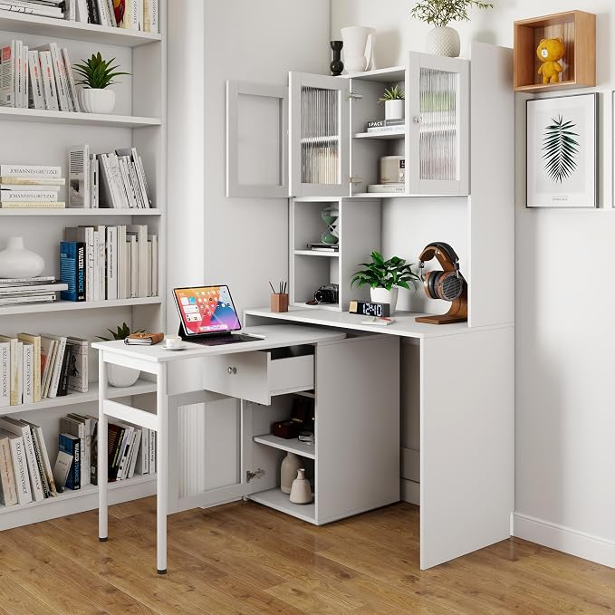 Computer Desk with Hutch and Rotating Desktop, White Corner Study Desk with Glass Door Storage Cabinets and Fold Out Shelf for Home Office, Craft Cabinet with Fold Out Table (White)