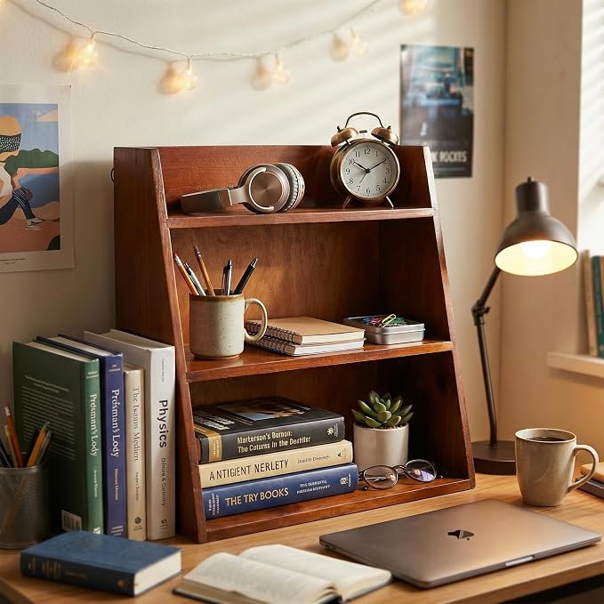 DECHOUS 3 Tier Vintage Display Shelf: Small Wooden Desktop Organizer Multi Layer Storage - Freestanding or Wall Hanging for Home Office Desk Crystals Stone Essential Oils Storage - 12x6.5x13 Inch