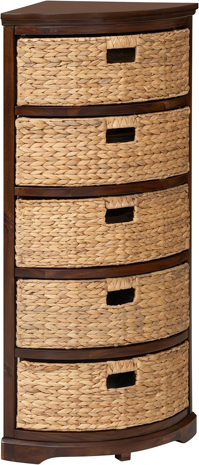 eHemco Hampton Meadows 5 Tier X-Side Corner Storage Cabinet with 5 Wicker Baskets, Walnut