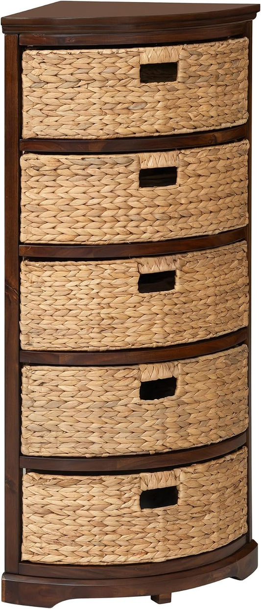 eHemco Hampton Meadows 5 Tier X-Side Corner Storage Cabinet with 5 Wicker Baskets, Walnut