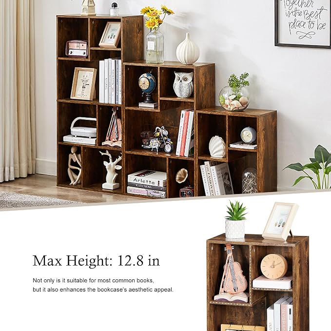 VECELO 11.8" Open Bookshelf, Waterproof Particle Board Asymmetrical Split Cubby Storage Organizer, Brown Uneven Compartment Display Cube for Tall Books, Bedroom Dorm Office