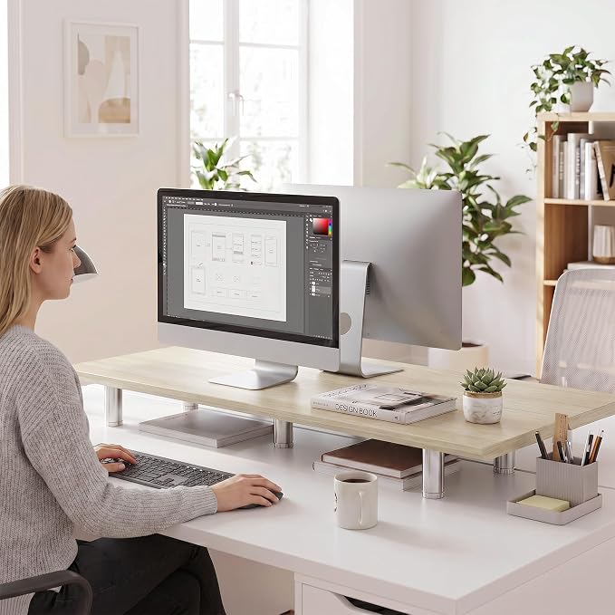 Fenge 39.4 Inch Dual Monitor Stand, Height Adjustable Monitor Riser Stand for Desk, Wooden & Steel Monitor Shelf for 2 Computers up to 99lbs, Stable Desk Organizer for PC Laptop TV, Oak