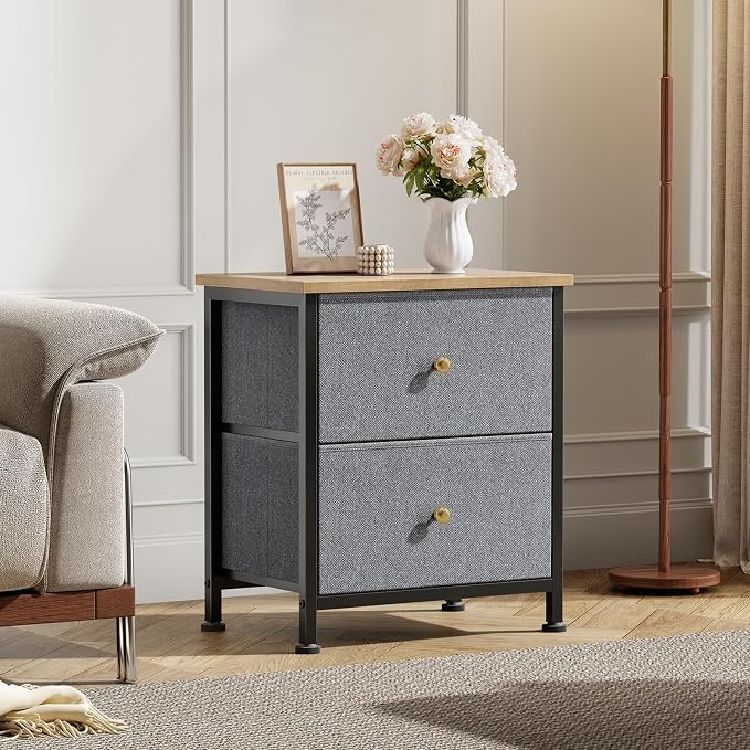 DUMOS Nightstand, Bedside Table for Bedroom, Small Dresser, 2 Fabric Drawer | Side/End Tables with Drawers, Storage Cabinet Furniture, 20 Inch Night Stand for Closet, Entryway, Blue
