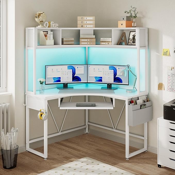 SEDETA Corner Desk, 39" W x 62" H Small Office Desk with Hutch & LED Lights, Triangle Gaming Computer Desk with Keyboard Tray, Storage Bag, and Headphone Hook for Small Space, White