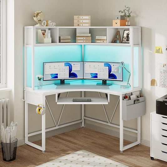 SEDETA Corner Desk, 39" W x 62" H Small Office Desk with Hutch & LED Lights, Triangle Gaming Computer Desk with Keyboard Tray, Storage Bag, and Headphone Hook for Small Space, White