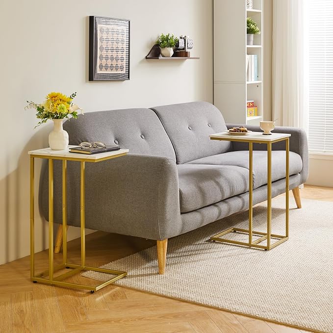 Aibiju Small Side Tables C Shaped, End Table Set of 2, Small Table Stand for Living Room Bedroom, lLittle Bedside Table Faux Marble+Gold YD-TM051G-2