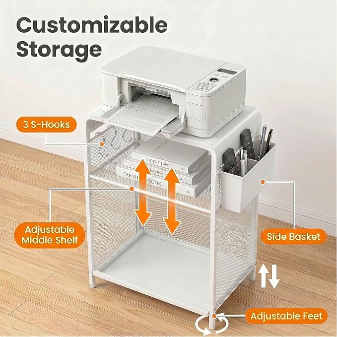 ECOLOVI 3 Tier Printer Stand for Under Desk, Height Adjustable Shelf Small Printer Table with 3 S-Hooks & Basket, Heavy Duty Industrial Storage Shelf for Home Office (White Metal)