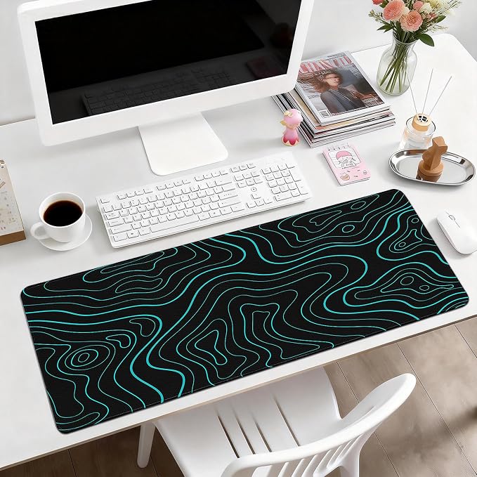 Gaming Desk Mat with Silky Smooth Surface & Exquisite Patterns,31.5x11.8 Inches Large-Sized Mouse Pad, Perfect for Extended Gaming,Work,and Home Office Decor (Blue Topographic Lines)
