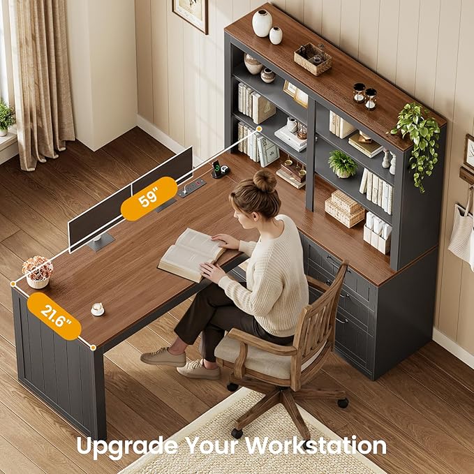 SEDETA Farmhouse L Shaped Computer Desk, 59'' Wood Office Desk with 3 Drawers and 5-Tier Bookshelf, Corner Desk with Storage Shelves and Power Outlet for Home Office Small Space, Black + Brown