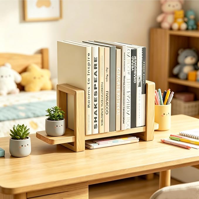 Adjustable Desktop Bookshelf, Wooden Tabletop Bookshelf, Small Desk Shelf for Home, Living Room, Class, Dorm