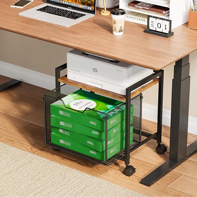 JKsmart Printer Stand with Sliding Drawer, Under Desk File Cabinet with Caster Wheels,Rolling File Cart, 2 Tier Industrial Storage Shelf, Sofa Side Table Organizer for Home, Office, Brown