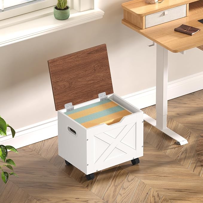 MAHANCRIS Rolling Filing Cabinet, Small File Cabinet Under Desk with Single Drawer, Hanging File Organizer for A4/Letter-Size Documents, Organizer Box, for Home Office, White and Walnut FCBA4001