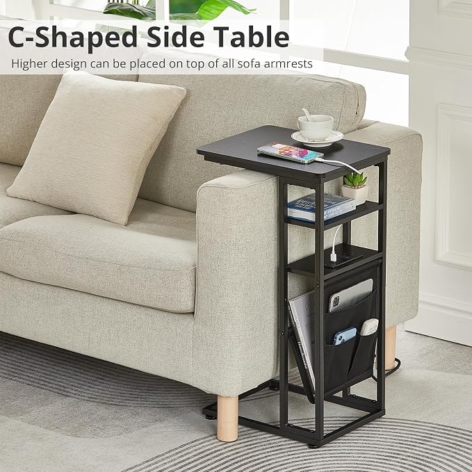 C Shaped End Table with Charging Station, 28"(H) 3-Tier C Table with Storage Bag, Under Couch Table C-Shaped End Table with Storage Shelves and Bag for Living Room, Bedroom, or Office