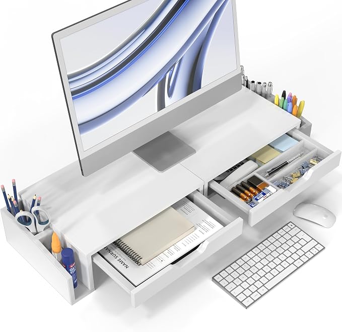 Simple Houseware Desk Dual Monitor Stand Riser with Pull-Out Drawers, White