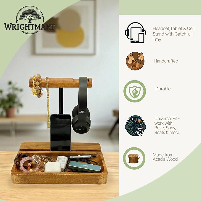 Dual Headphone Stand, Solid Acacia Wood Headset Holder for 2 Headphones, Cell Phone & Tablet, Desk Organizer Tray for iPhone, iPad, Bose, Sony, Beats, Sennheiser, Gaming & Office Desk Setup