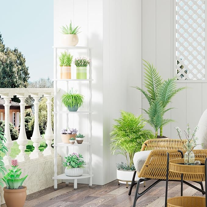 IBUYKE 5-Tier Corner Shelf,Stylish Corner Bookshelf for Small Spaces,Industrial Corner Storage Display Shelves,Small Corner Table for Bedroom,Bathroom,Kitchen, White WBC020W