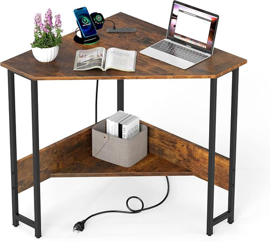 Tangkula Corner Desk with Power Outlet & USB Ports, Triangle Computer Desk with Charging Station, Storage Shelf, Space Saving Writing Desk, Vanity Table, Corner Desk for Small Space (Rustic Brown)