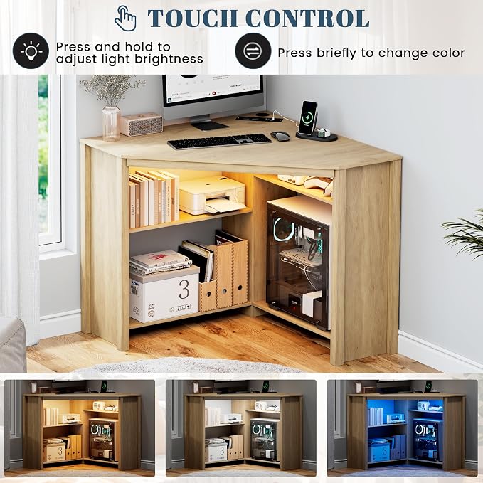Corner Desk with Charging Station & LED Light, Triangle Corner Desk with CPU Stand & Storage Shelves, Gaming Computer Desk for Home Office