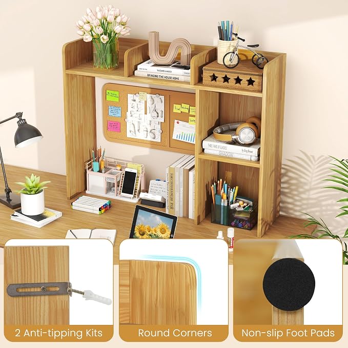 Desktop Bookshelf, 3-Tier Desk Organizer Shelves with 5 Display Rack, Countertop Storage Bookcase for Computer Desk, Desk Hutch Shelf for Top of Desk, Dorm, Home, Office (Oak)