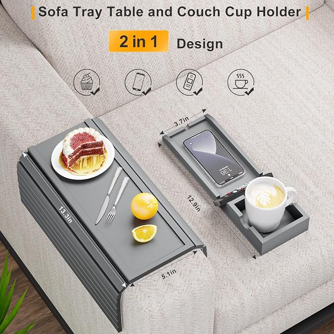 Bestjing Bamboo Couch Armrest Table, Sofa Arm Tray with Detachable Couch Cup Holder- 2 in 1 Anti-Slip Foldable Sofa Armchair Caddy Table for Drinks Cellphone TV Remote Snacks (Gray)