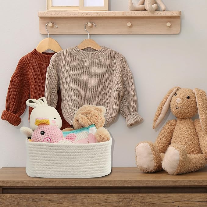 XUANGUO Small Woven Storage Baskets 12“X8”X5“ Decorative Rope Bins for Organizing Shelves, Closets, and Toys, Empty Gift Baskets, Cute Organizer Basket for Home and Office (white, regular)