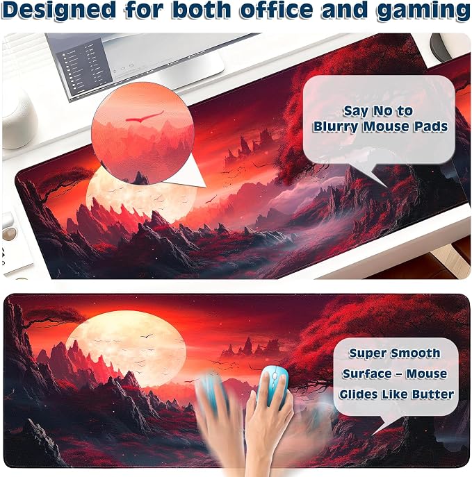 Gaming Desk Mat with Silky Smooth Surface & Exquisite Patterns,31.5x11.8 Inches Large-Sized Mouse Pad, Perfect for Extended Gaming,Work,and Home Office Decor (Full Moon 2)