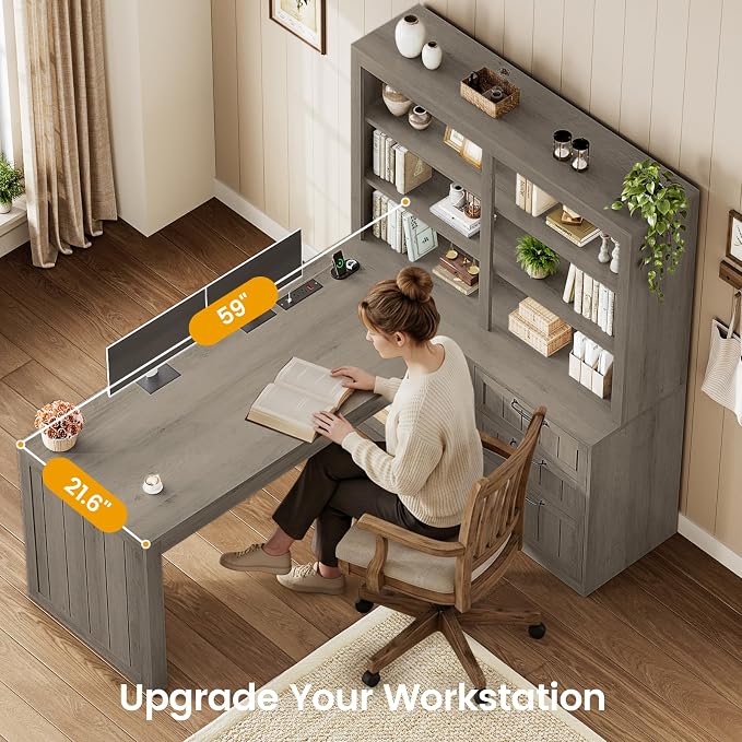 SEDETA Farmhouse L Shaped Computer Desk, 59'' Wood Office Desk with 3 Drawers and 5-Tier Bookshelf, Corner Desk with Storage Shelves and Power Outlet for Home Office Small Space, Grey