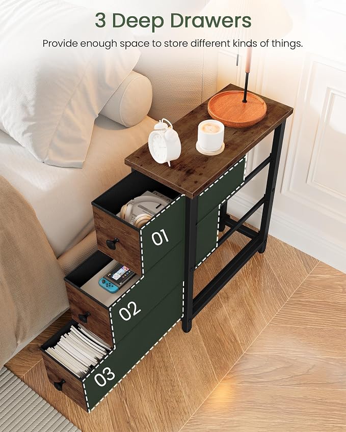 CHOEZON Narrow Side Table with 3 Fabric Drawers, Industrial Slim Bedside Table for Small Spaces, Bedroom, Living Room, Dormitory, Rustic Brown and Black TBZ09BF