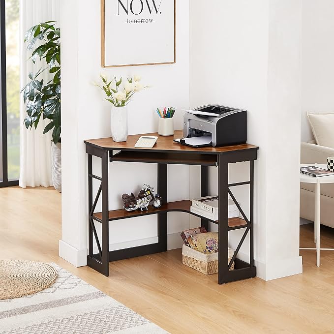 VECELO Corner Computer Desk 41 x 30 inches with Smooth Keyboard & Storage Shelves for Home Office Workstation, Teak