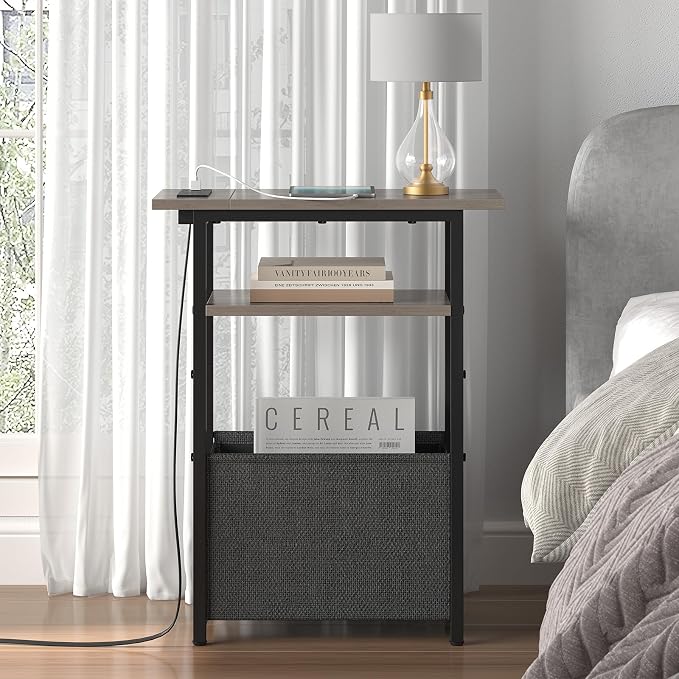 sthmec Narrow Side Table with Charging Station, Small End Table for Small Spaces, Skinny Nightstands with Storage Basket, 3 Tier Sofa Couch Bedside Tables for Living Room,Bedroom, Grey