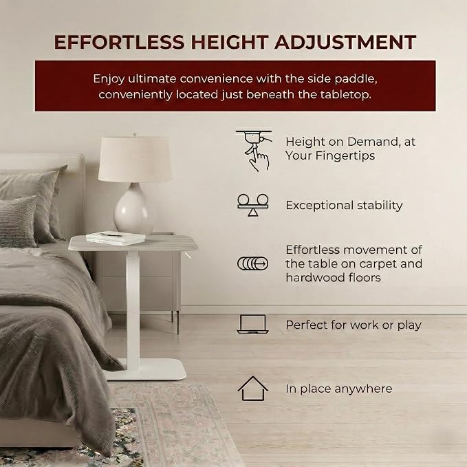 Elevance Height Adjustable Side Table, White Base, Washed Oak Top | Sofa Laptop Table for Couch & Bed | Small C-Shape End Table for Home or Office