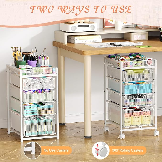 Rolling Utility Cart with 4 Drawers, Craft Organizer and Storage Carts with DIY Divider, Lockable Wheels Storage Organizer for Art Supplies, Store for Brushes & Paints & Artifacts, White