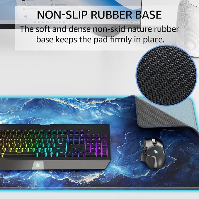 KTRIO Large Gaming Mouse Pad, Desk Mat, 31.5 x 11.8 in, Blue Marble, XL | Smooth Micro-Weave Surface, Artistic Pattern Design, Non-Slip Rubber Base, Durable Stitched Edges, Office & Home Use