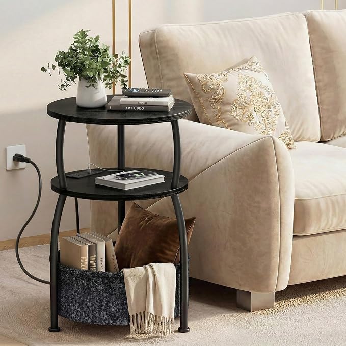 Small Side Table with Charging Station and Type C, Small Coffee Table with Basket, Space Saving End Table 3-Tier Bedside Corner Table Stand for Living Room, Bedroom, Garden 15.75in Classic Black